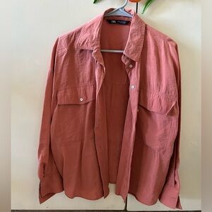 ZARA women's Terracotta Button-Front Lightweight Shirt Jacket
